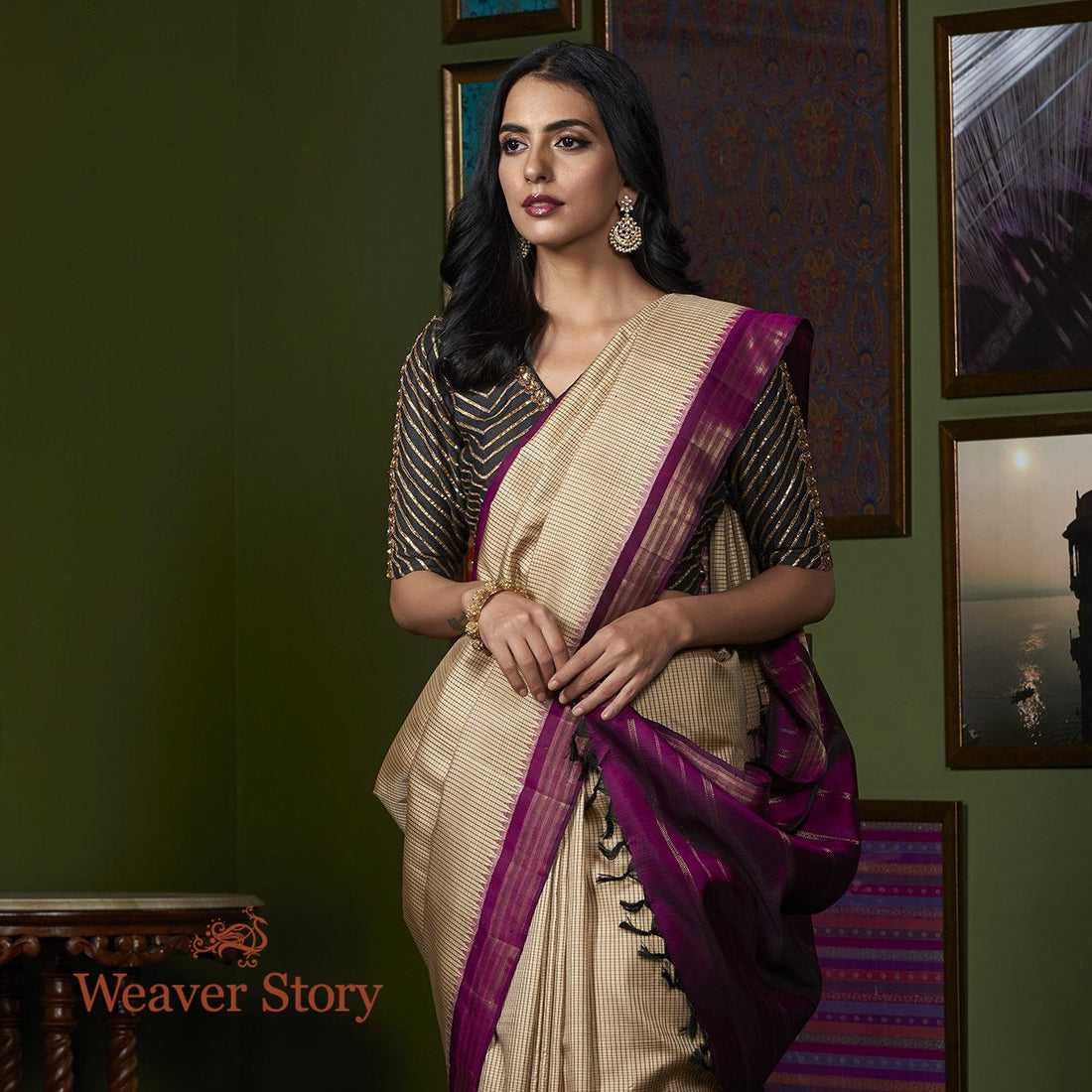 Handwoven_Beige_Ikat_Kanjivaram_Saree_with_Purple_Border_WeaverStory_01