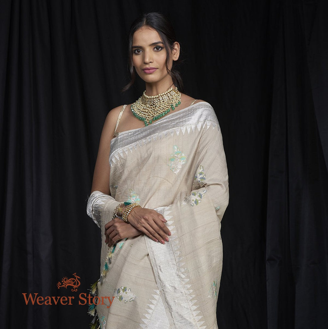 Handwoven_Tusser_Meenakari_Booti_Saree_with_Silver_Border_WeaverStory_01