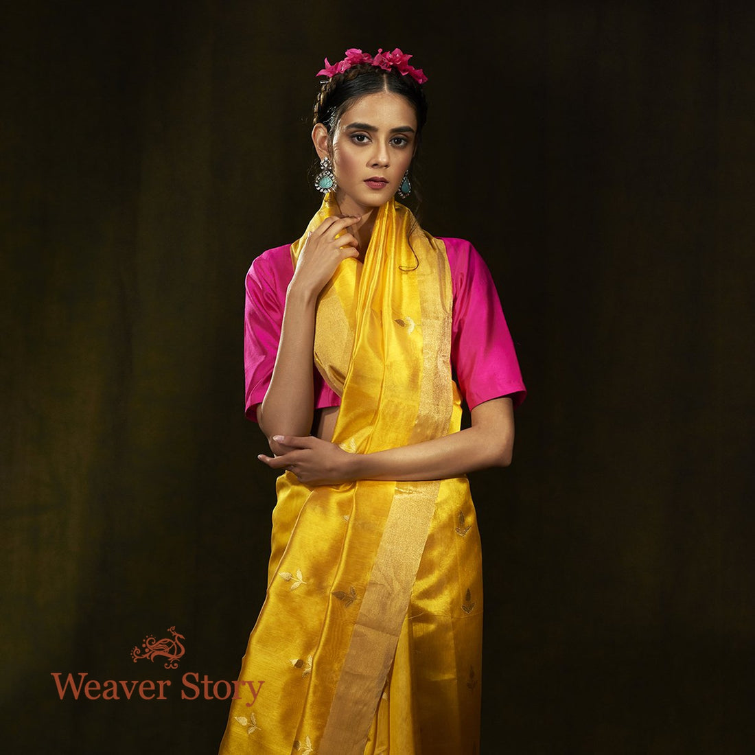 Handwoven_Yellow_Chanderi_Silk_Saree_with_Zari_Woven_Leaves_WeaverStory_01