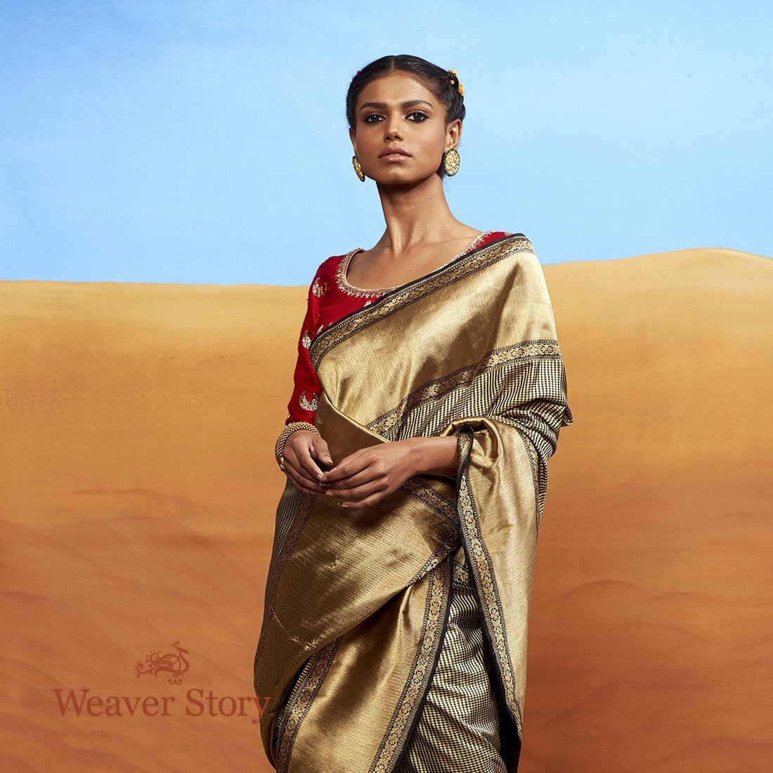 Handwoven_Black_and_Beige_Banarasi_Saree_with_Checks_WeaverStory_01