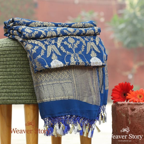 Handwoven_Banarasi_Georgette_Cutwork_Dupatta_in_Blue_WeaverStory_01