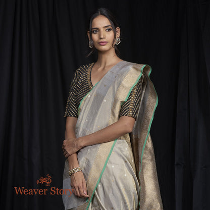 Handwoven_Grey_Silk_Tissue_Saree_with_Small_Dots_WeaverStory_01