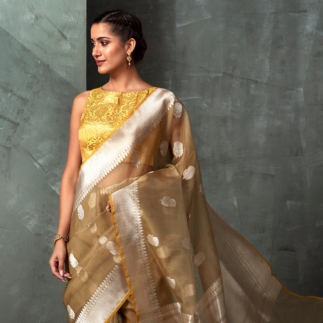 Handwoven_Brown_Kora_Silk_Saree_with_Kadhwa_Booti_And_Yellow_Selvedge_WeaverStory_01