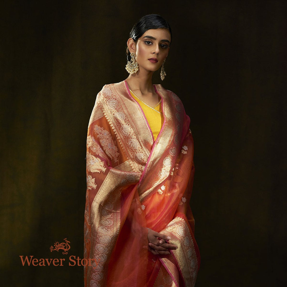 Handwoven_Orange_and_Pink_Kadhwa_Boota_Banarasi_Saree_WeaverStory_01