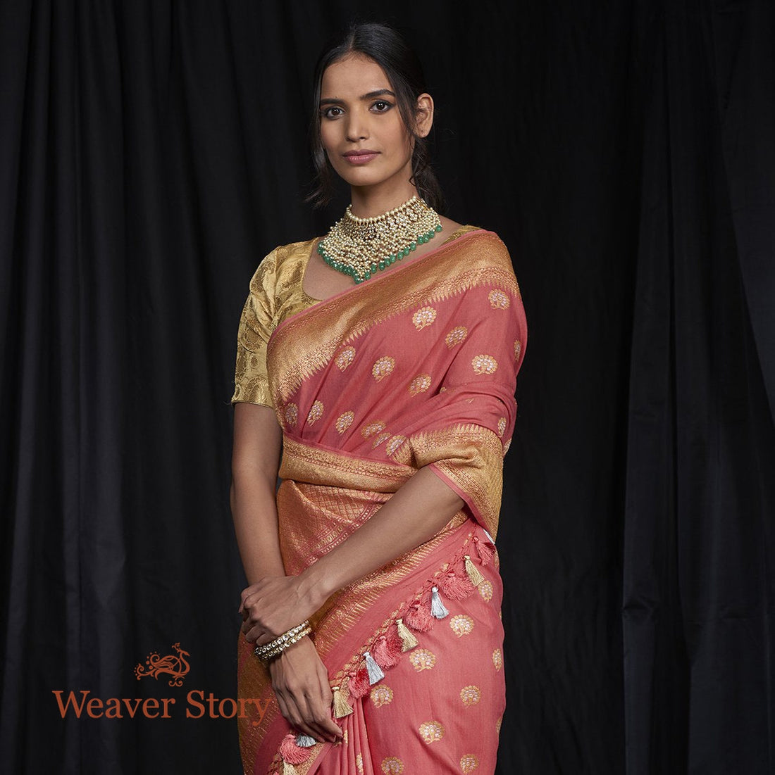 Handloom_Peach_Moonga_Silk_Saree_with_Kadhwa_Booti_WeaverStory_01