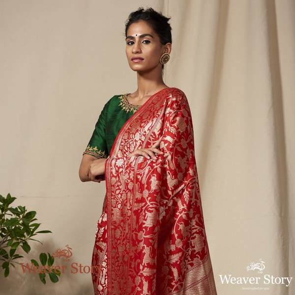 Handwoven_Red_Banarasi_Shikargah_Saree_WeaverStory_01