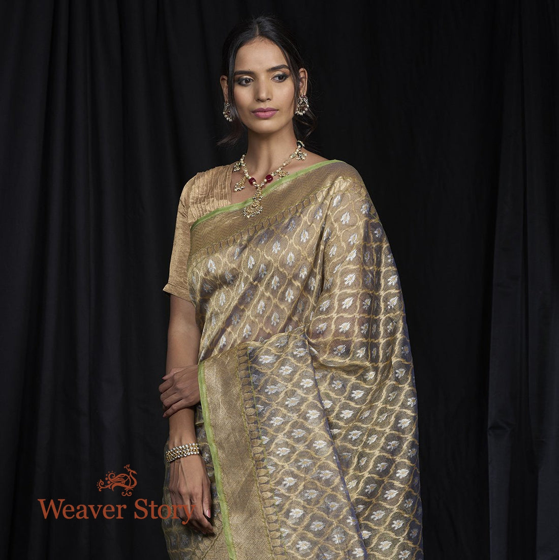 Handwoven_Grey_Silk_Tissue_Saree_with_Cutwork_Weave_WeaverStory_01