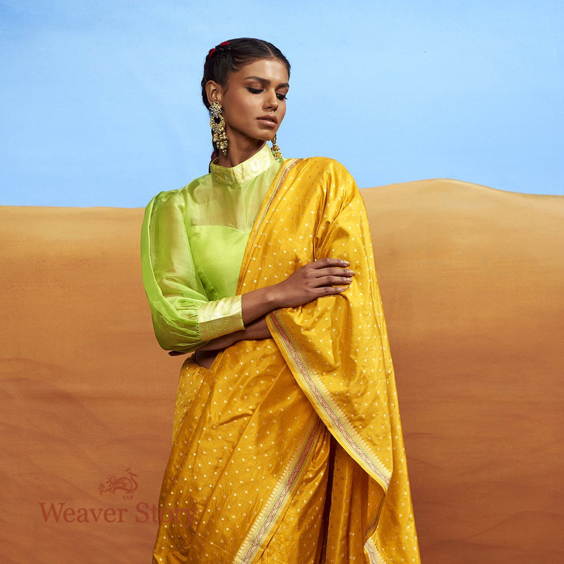 Handwoven_Mustard_Booti_Saree_with_Konia_and_Heavy_Blouse_WeaverStory_01