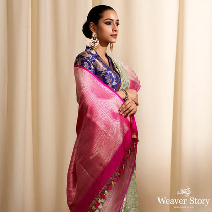 Handwoven_Light_Green_Phulkari_Pattern_Saree_with_Pink_Border_WeaverStory_01