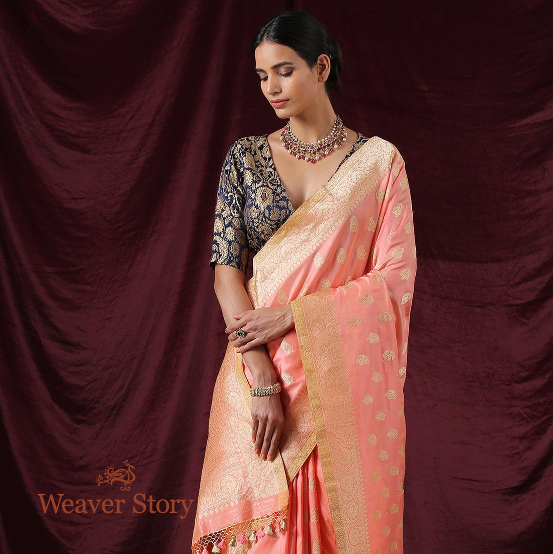 Handwoven_Peach_Banarasi_Saree_with_Kairi_Boota_WeaverStory_01