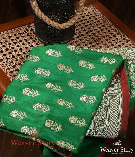 Handwoven_Dark_Green_Katan_Georgette_Dupatta_WeaverStory_01