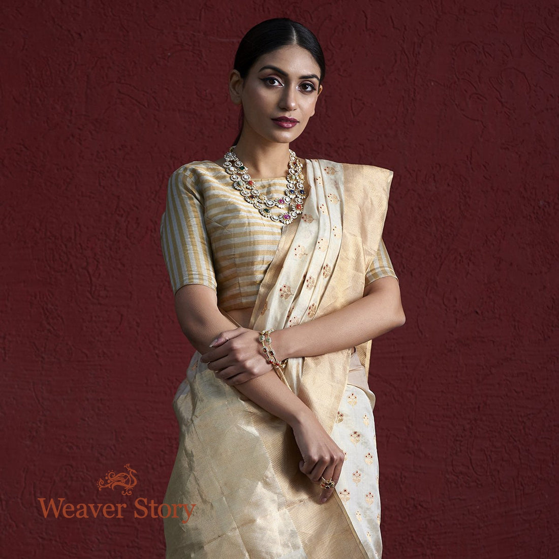 Handwoven_White_and_Gold_Meenakari_Boota_Chanderi_Silk_Saree_WeaverStory_01