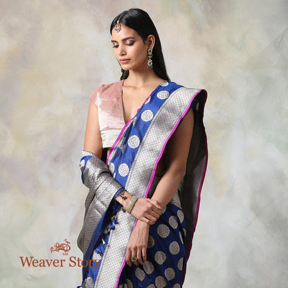 Handwoven_Blue_Cutwork_Booti_Saree_with_Pink_Selvedge_WeaverStory_01