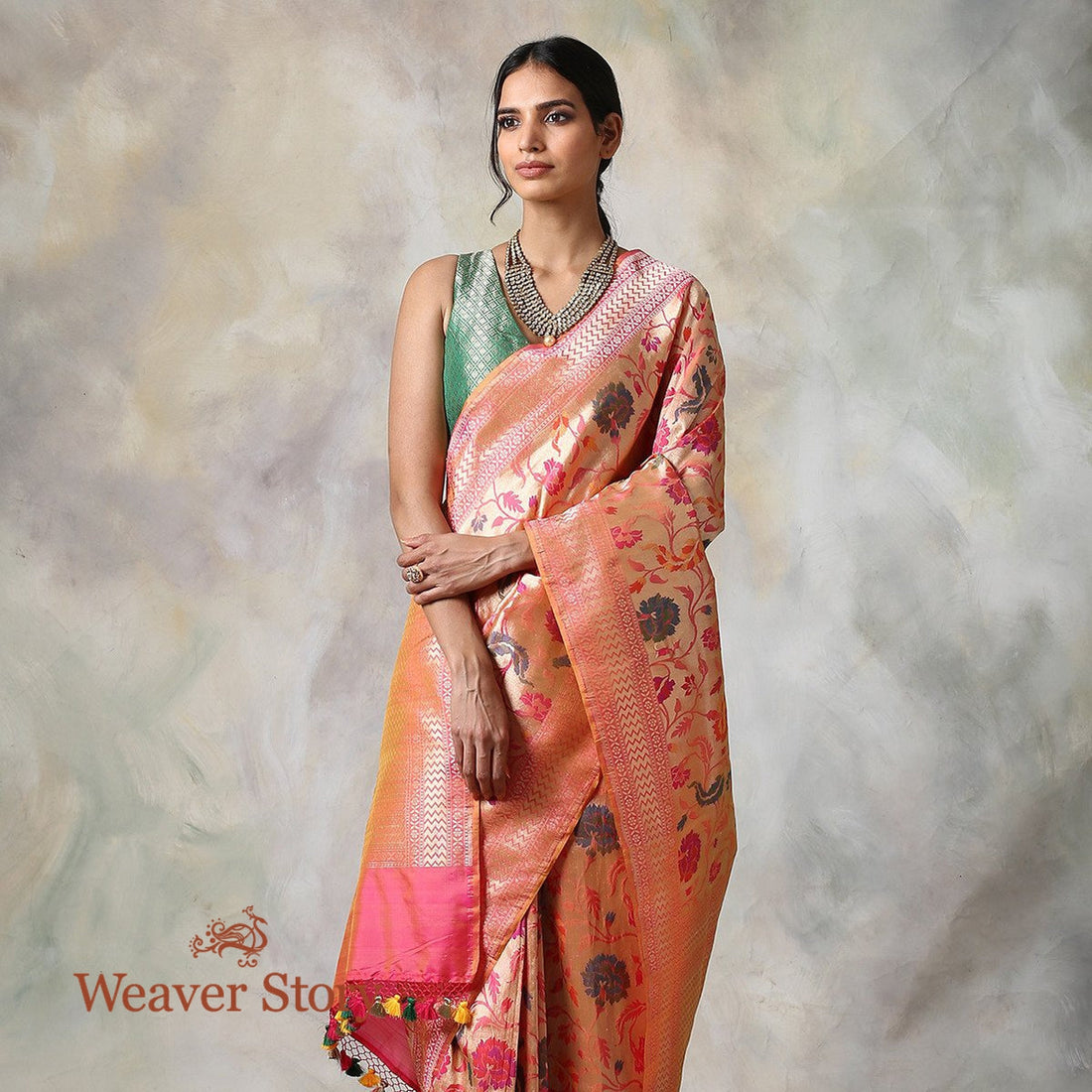 Handwoven_Peach_Floral_Meenakari_Banarasi_Saree_WeaverStory_01