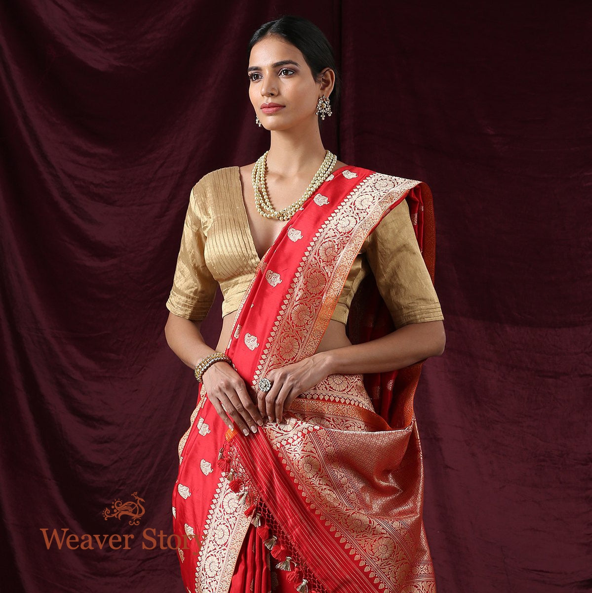 Handwoven_Red_Banarasi_Saree_with_Kairi_Boota_WeaverStory_01