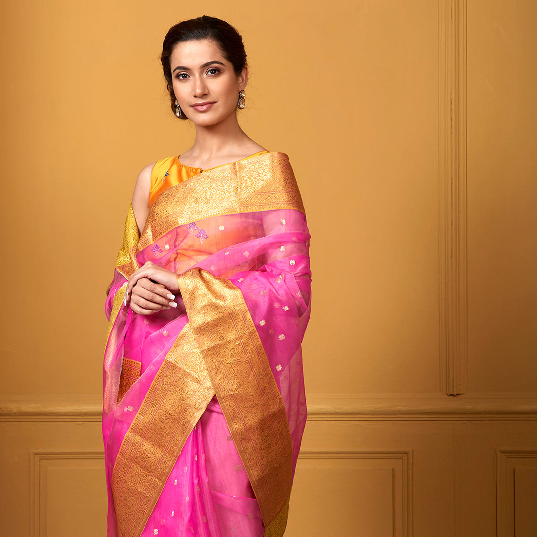 Handwoven_Pink_Kora_Katan_Chanderi_Saree_with_Mustard_Border_WeaverStory_01