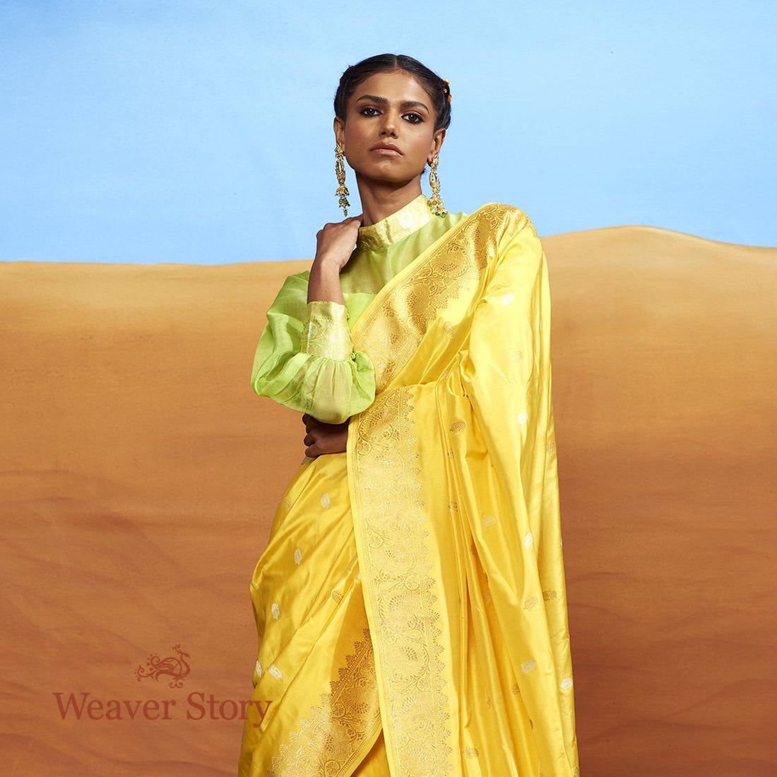Handloom_Yellow_Kadhwa_Booti_Saree_WeaverStory_01
