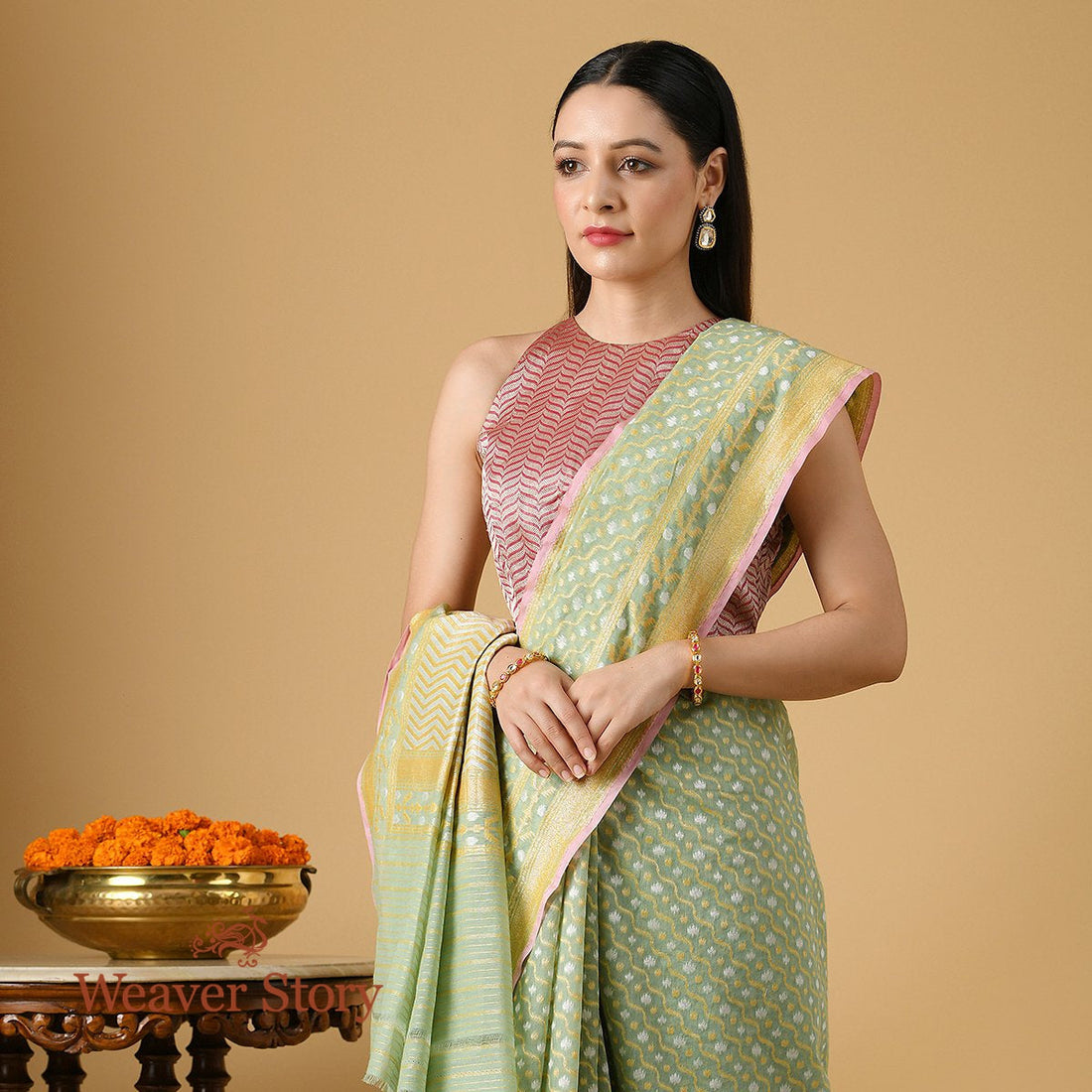 Handloom_Light_Green_Banarasi_Cotton_Saree_with_Gold_and_Silver_Zari_Jaal_WeaverStory_01