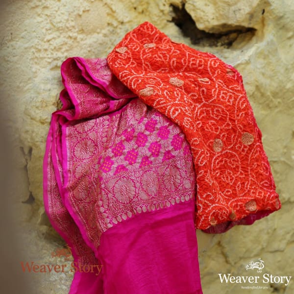 Handwoven_Pink_and_Orange_Ombre_Dyed_Bandhej_Dupatta_WeaverStory_01