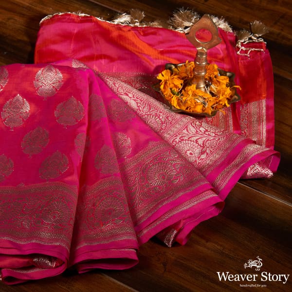 Handwoven_Pink_Orange_Shot_Color_Dupatta_with_Floral_Border_WeaverStory_01