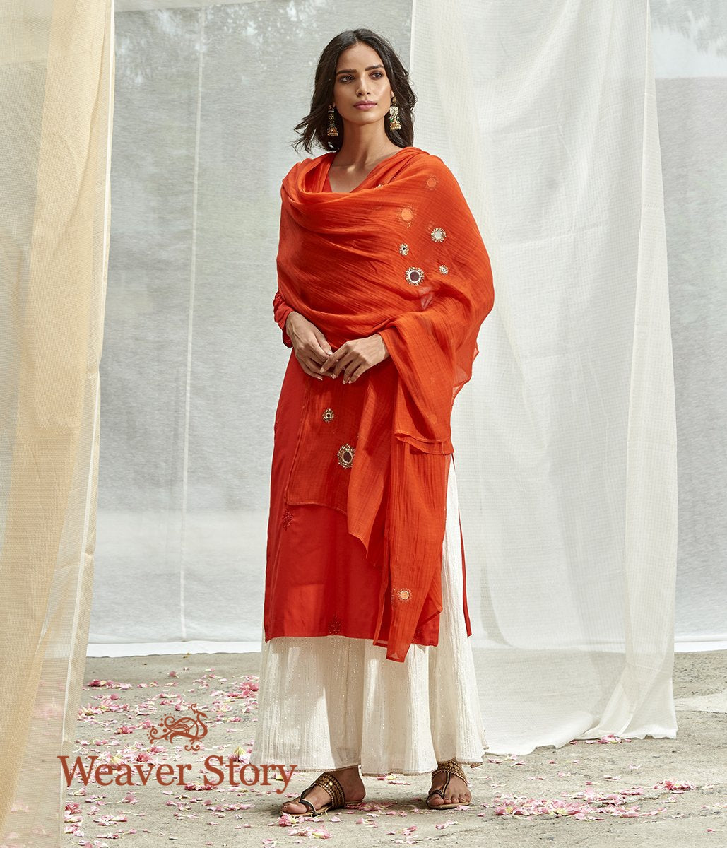 Handwoven_Red_Chanderi_Kurta_and_Skirt_with_Mirror_Work_Dupatta_WeaverStory_01