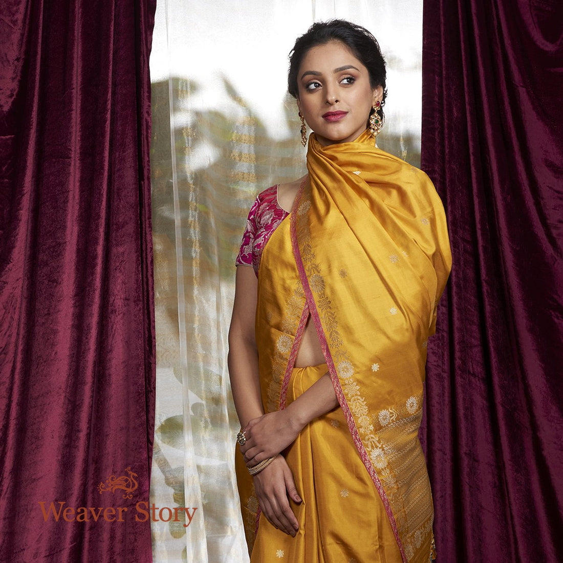 Handwoven_Mustard_Kadhwa_Boota_Saree_with_Small_Border_WeaverStory_01