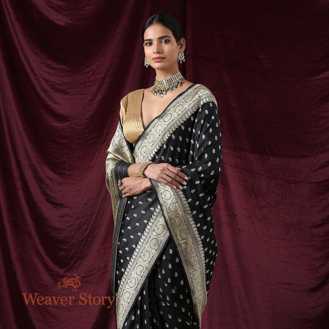 Handwoven_Black_Katan_Silk_Saree_with_Gold_Zari_Booti_and_Beldaar_Border_WeaverStory_01