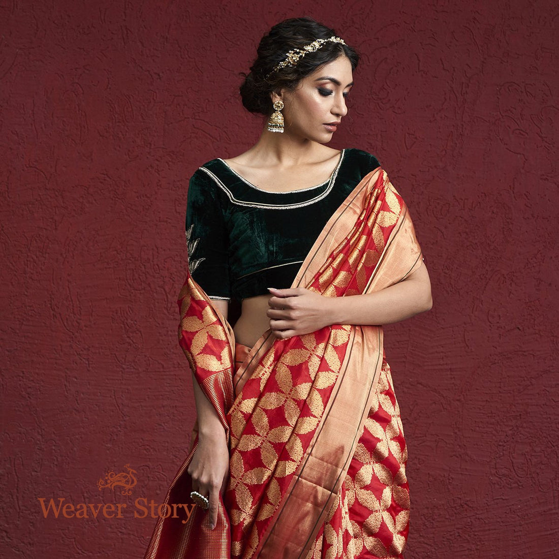 Handwoven_Red_Chanderi_Silk_Saree_with_Zari_Jaal_WeaverStory_01