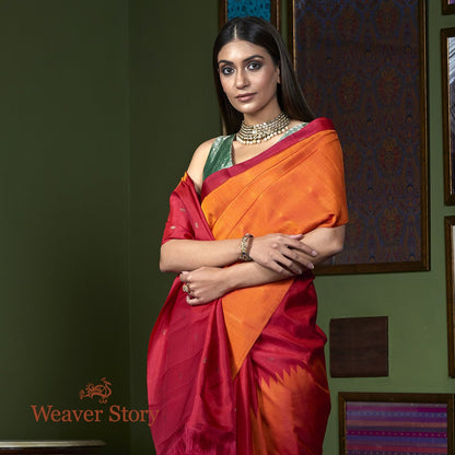 Handwoven_Orange_Twill_Weave_Kanjivaram_Saree_with_Rising_Temple_Borders_WeaverStory_01