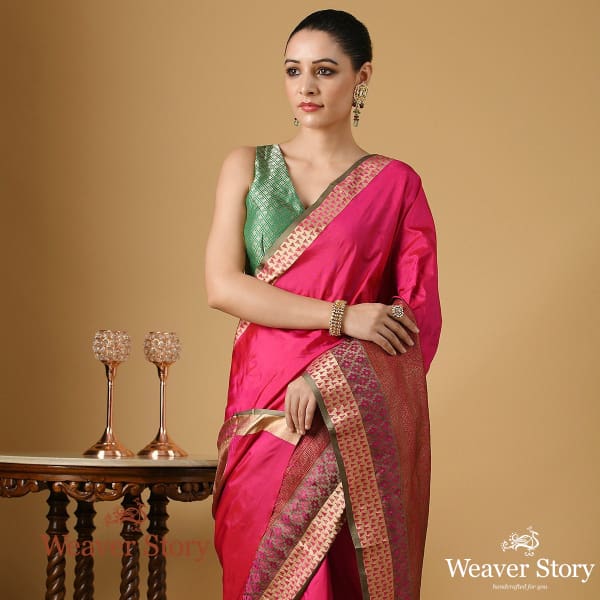 Handwoven_Pink_Katan_Silk_Banarasi_Saree_with_Antique_Zari_Border_WeaverStory_01