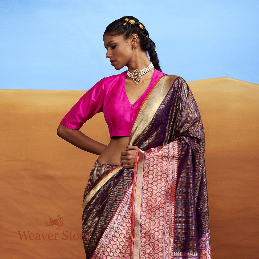Handloom_Purple_Tanchoi_Saree_with_Pink_Kadhiyal_Border_WeaverStory_01