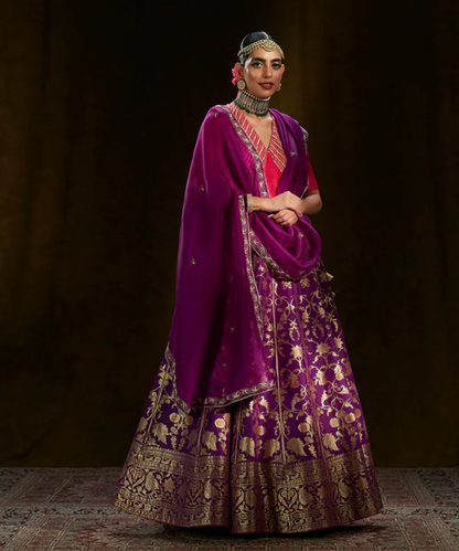 Purple Handloom Banarasi Lehenga with Meenakari and Pink Gota Work Blouse