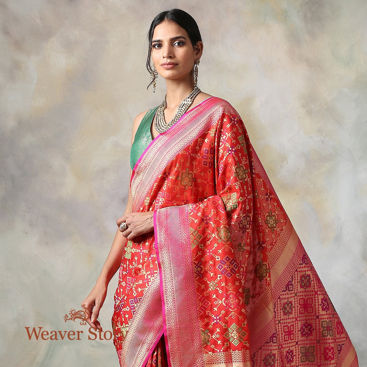 Handwoven_Banarasi_Patola_Saree_in_Red_with_a_Contrast_Blouse_WeaverStory_01