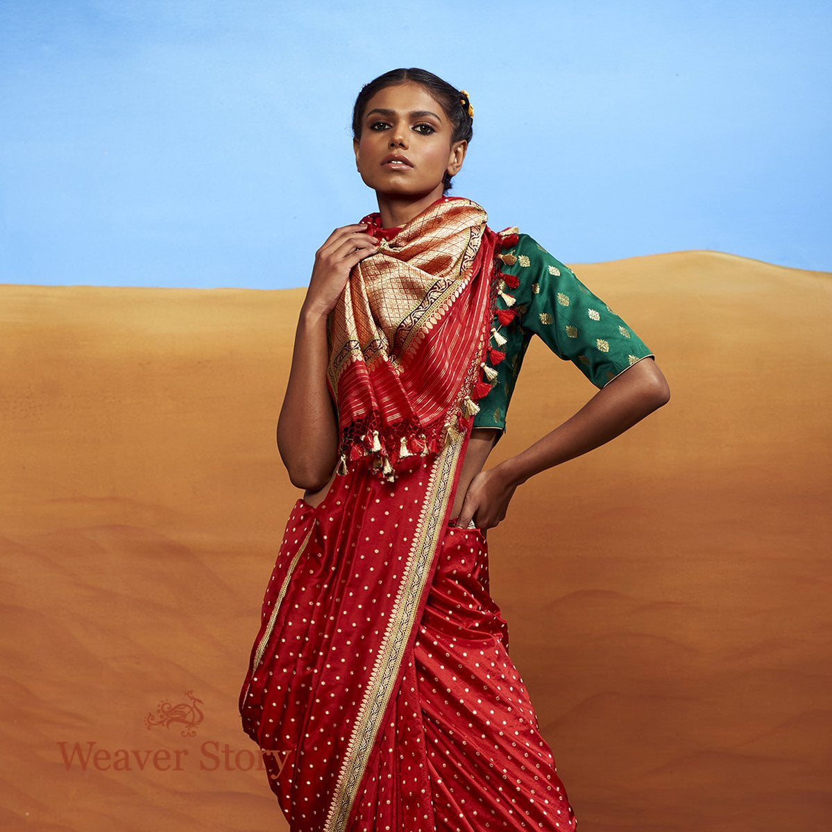 Handwoven_Red_Booti_Saree_with_Konia_and_Heavy_Blouse_WeaverStory_01