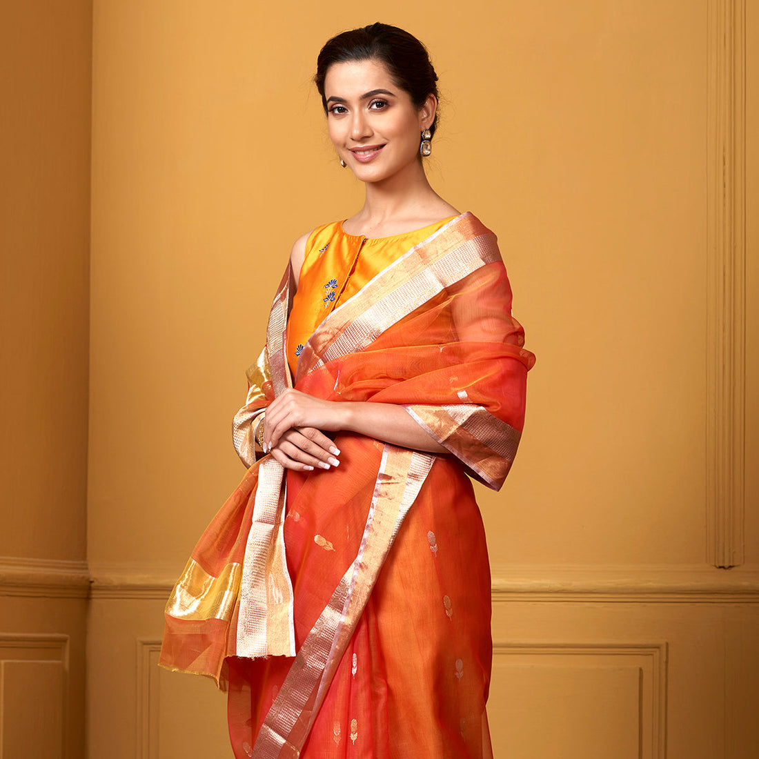 Handwoven_Orange_Kora_Saree_with_Gold_Silver_Zari_Boota_WeaverStory_01