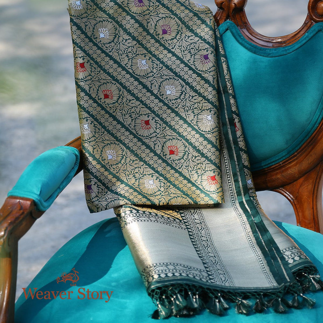 Handloom_Bottle_Green_Diagonal_Weave_Kimkhab_Dupatta_WeaverStory_01