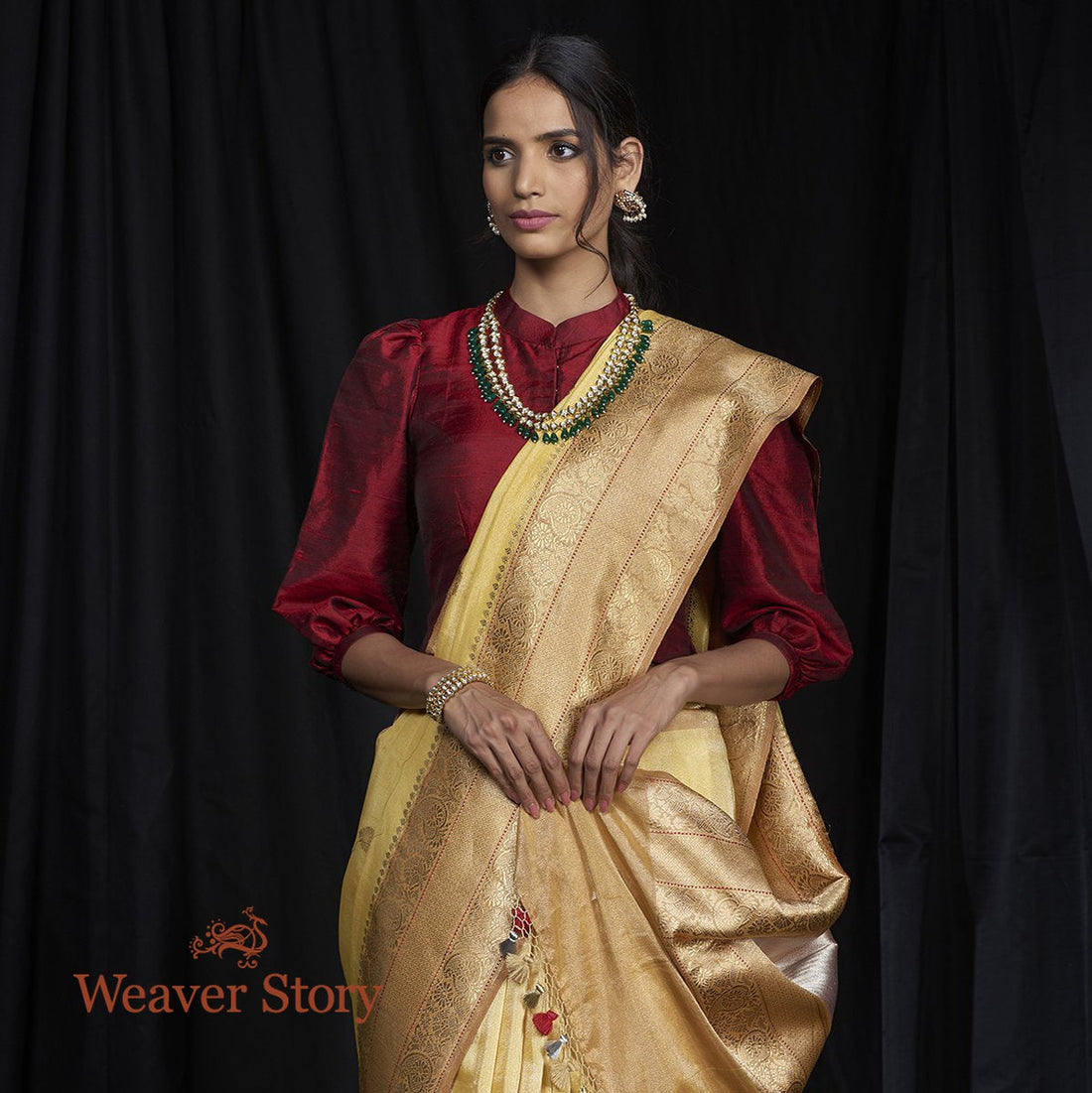 Handwoven_Lemon_Kadhwa_Booti_Saree_woven_in_Silk_Tissue_WeaverStory_01