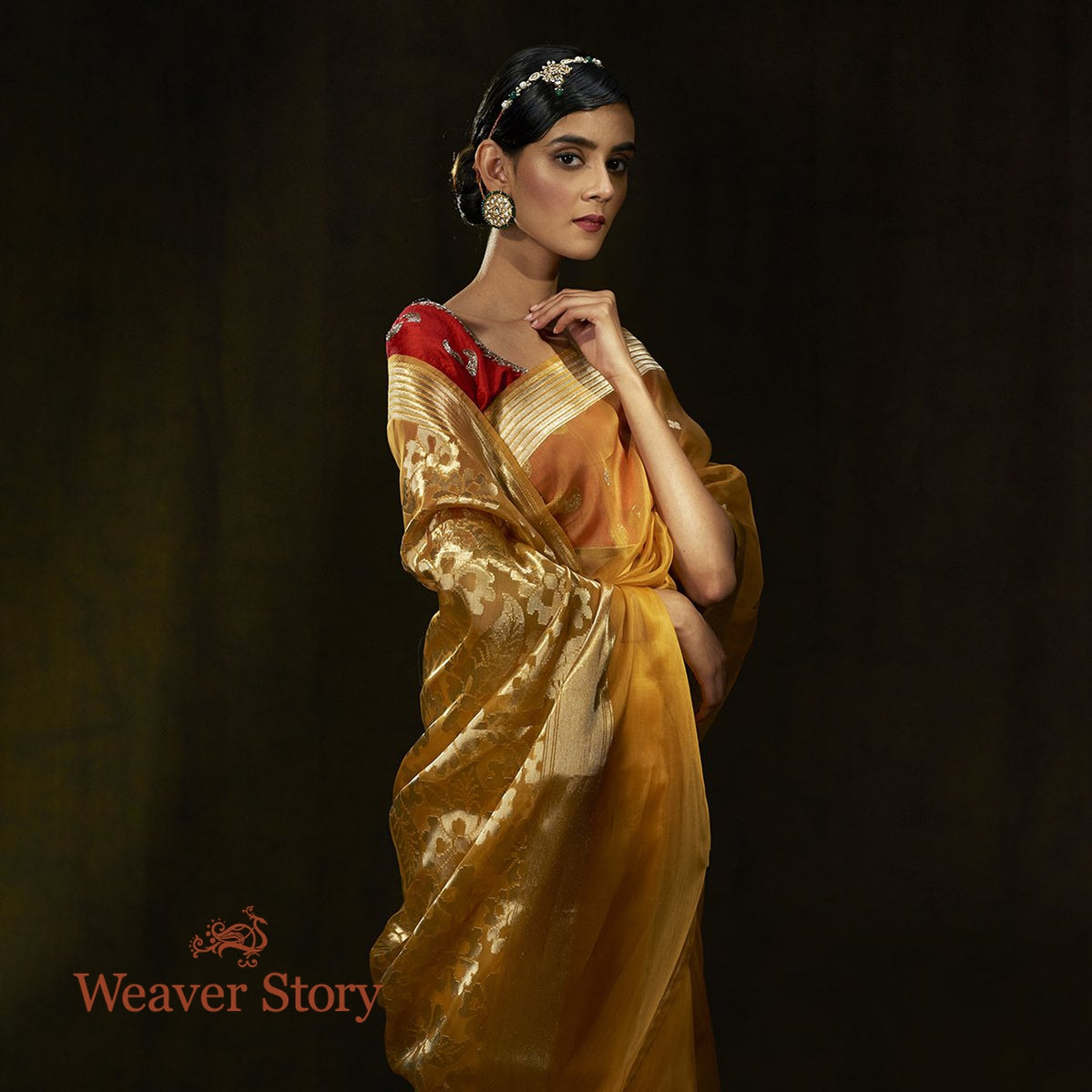 Handloom_Mustard_Kora_Banarasi_Saree_with_Cutwork_Floral_Border_WeaverStory_01