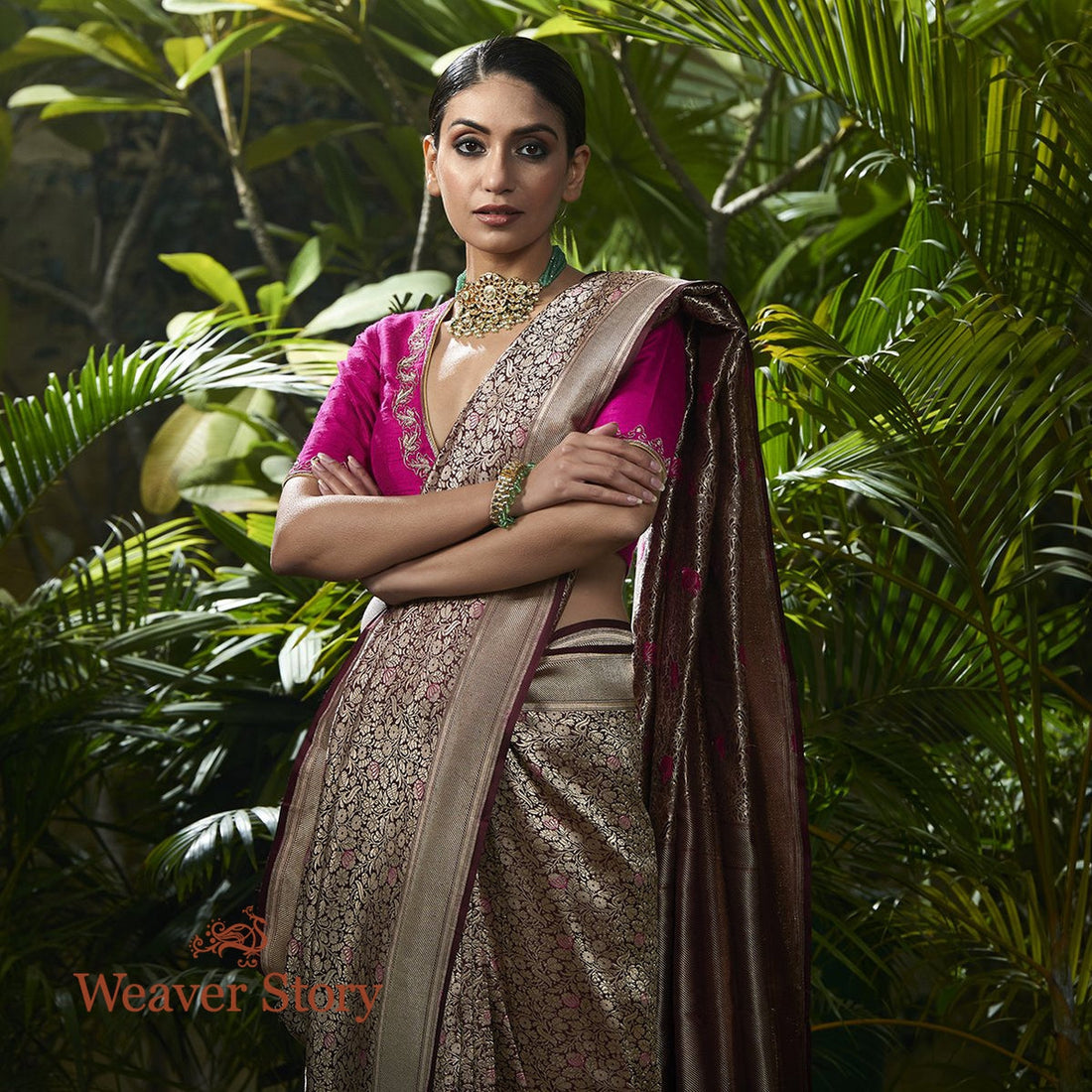 Handwoven_Wine_Kimkhab_Saree_with_Pink_Meenakari_WeaverStory_01