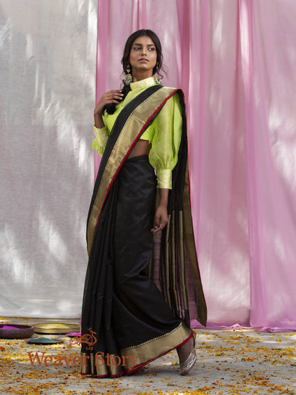 Handwoven_Black_Plain_Chanderi_Saree_with_Gold_Border_WeaverStory_02