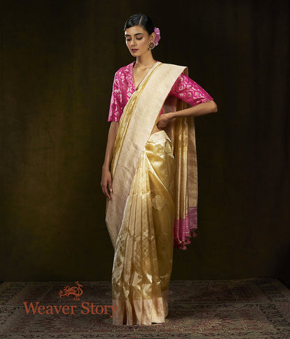 Handwoven_Gold_Silk_Tissue_Saree_with_Pink_Border_WeaverStory_02