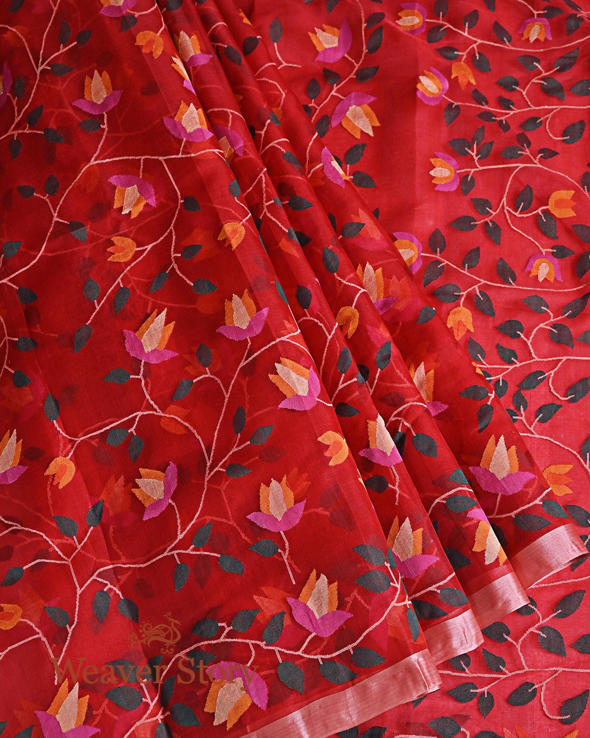 Handwoven_Red_All_Over_Floral_Weave_Silk_Muslin_Jamdani_Saree_WeaverStory_02