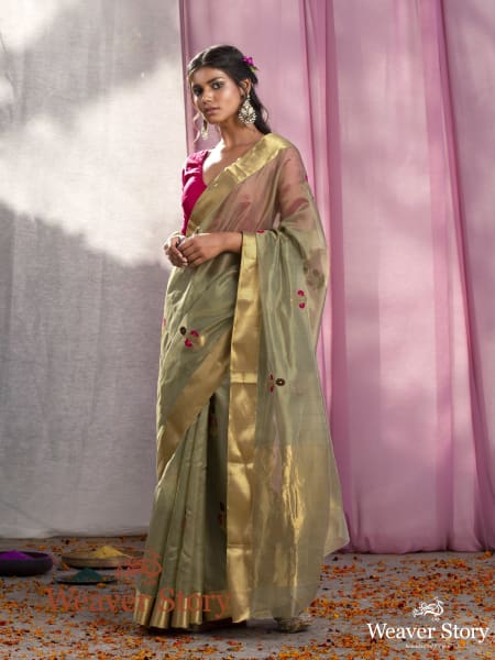 Handwoven_Olive_Green_Chanderi_Silk_Saree_with_Floral_Motifs_WeaverStory_02