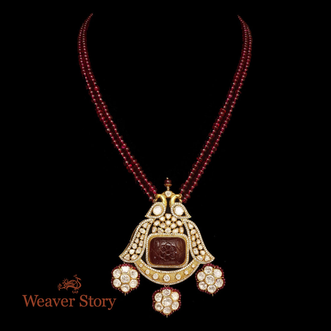 Mayuri_Necklace_with_Moissanite_Polki_Hand_Crafted_in_Pure_Silver_WeaverStory_02