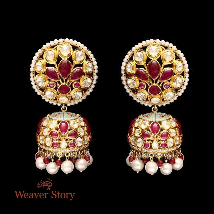 Phoolwa_Jhumki_with_Moissanite_Polki_Hand_Crafted_in_Pure_Silver_WeaverStory_02