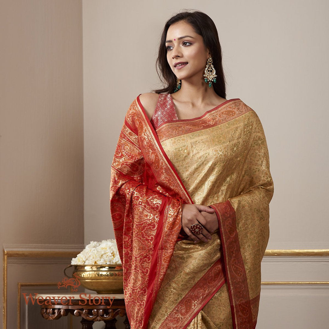 Handwoven_Beige_and_Red_Katan_Silk_Gharchola_Saree_WeaverStory_01