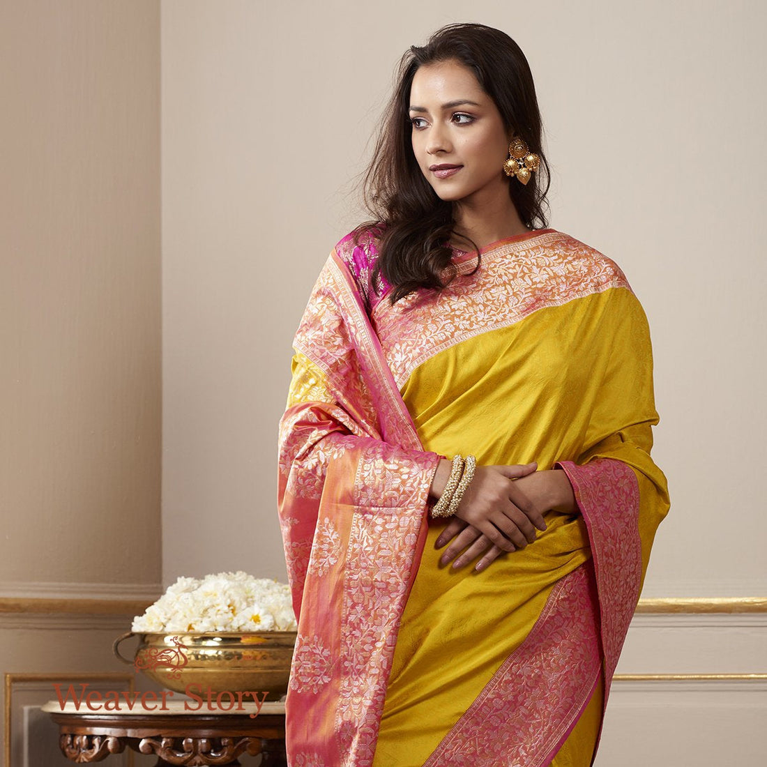 Handwoven_Yellow_Banarasi_Tanchoi_Saree_with_Kadhwa_Border_In_Pink_with_Woven_Leaf_Motifs_WeaverStory_01