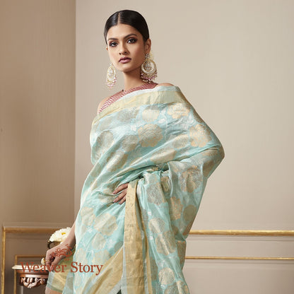 Handwoven_Light_Blue_Chanderi_Silk_Saree_with_Gold_and_Silver_Zari_Floral_Jaal_WeaverStory_01