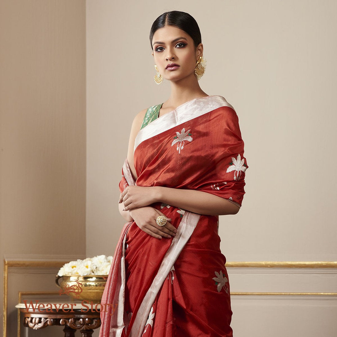 Handloom_Brick_Red_Chanderi_Silk_Saree_with_Birds_on_a_Tree_WeaverStory_01