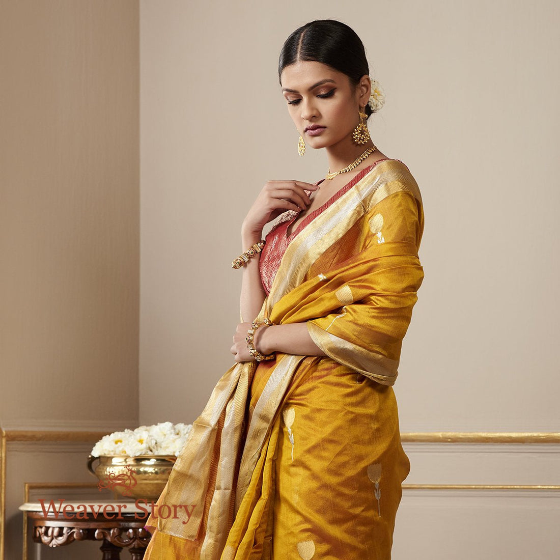 Handwoven_Mustard_Chanderi_Silk_Saree_with_Gold_Zari_Border_WeaverStory_01